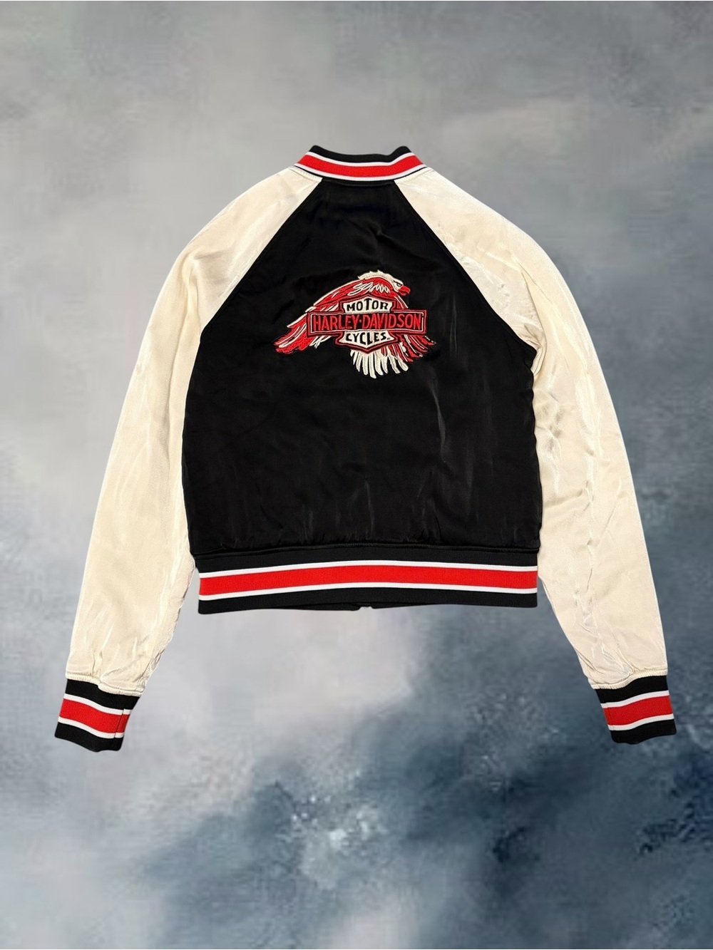 Harley-Davidson Black and Cream Varsity Bomber Jacket with Red Trim image 2